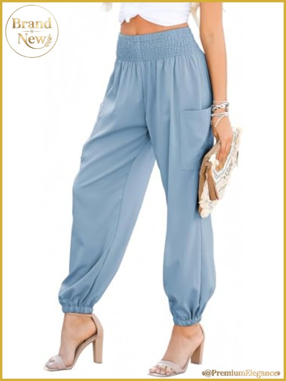 Smocked High Waisted Tapered Leg Harem Pants with Pockets